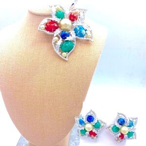 Vintage Sarah Coventry Elegant Silver Floral Jewelry Set with Multicolor Gems